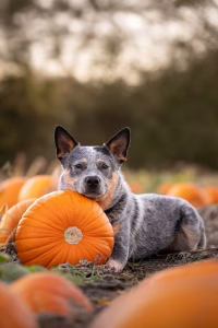 Australian Cattle Dog liegt im Kürbisfeld mit dem Kopf auf einem Kürbis abgelegt